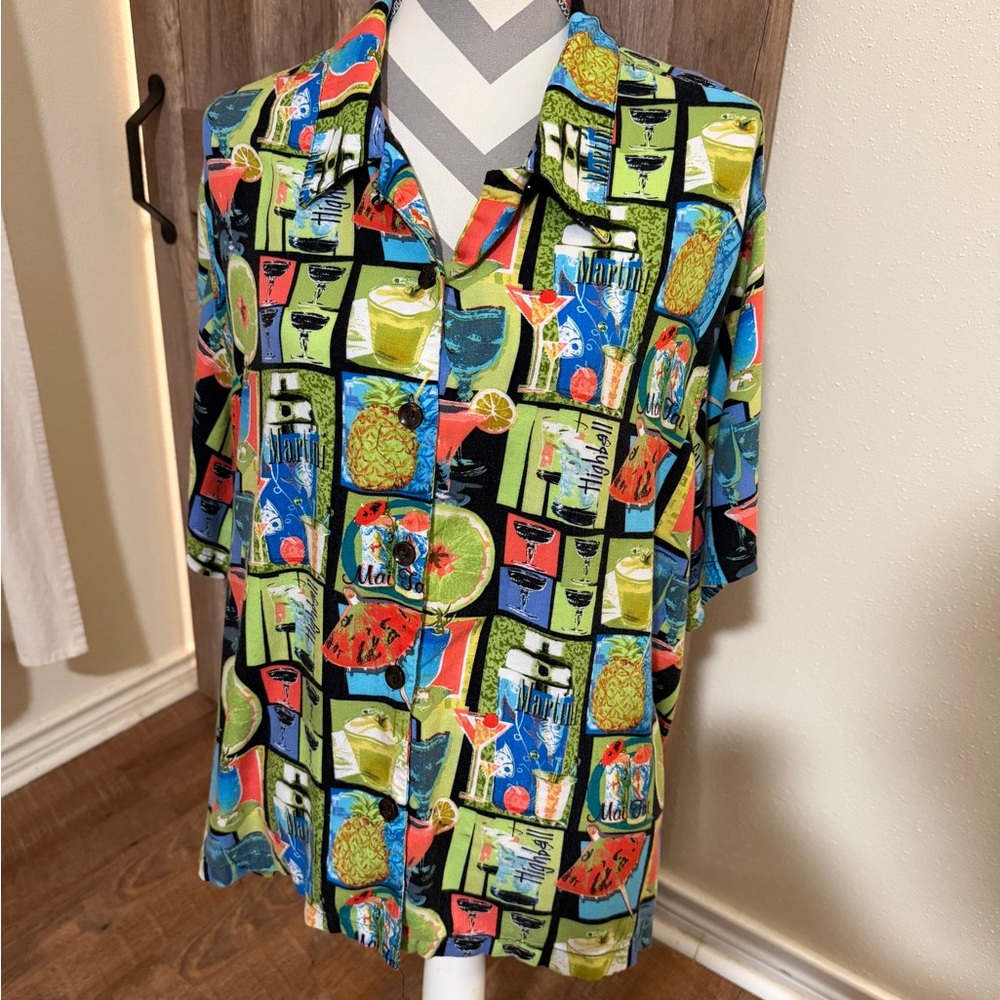 Plus Sz  3X Holly Lane Tropical Cocktail Tiki Martini Print Button Up Camp Shirt